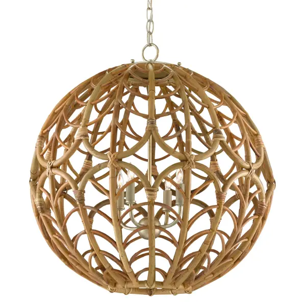 The Cape Verde chandelier showcases intricate woven rattan in a spherical form, inspired by Lalique glass patterns. Mixed metal finishes and natural materials create sophisticated coastal-modern appeal perfect for casual yet refined spaces.