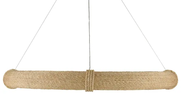 A dramatic 50-inch chandelier that brings coastal elegance to large spaces. The wrought iron frame wrapped in natural abaca rope creates a unique textural element, while 12 lights provide substantial illumination. The lifebuoy-inspired design floats on aircraft cables for a sculptural presence.