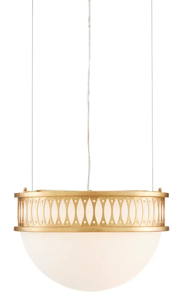 A masterfully designed pendant featuring a demi-dome shade with square tubing frame and milk glass diffuser. The Contemporary Gold Leaf finish adds warmth while maintaining modern sophistication. Highly adjustable height makes it versatile for various ceiling configurations.