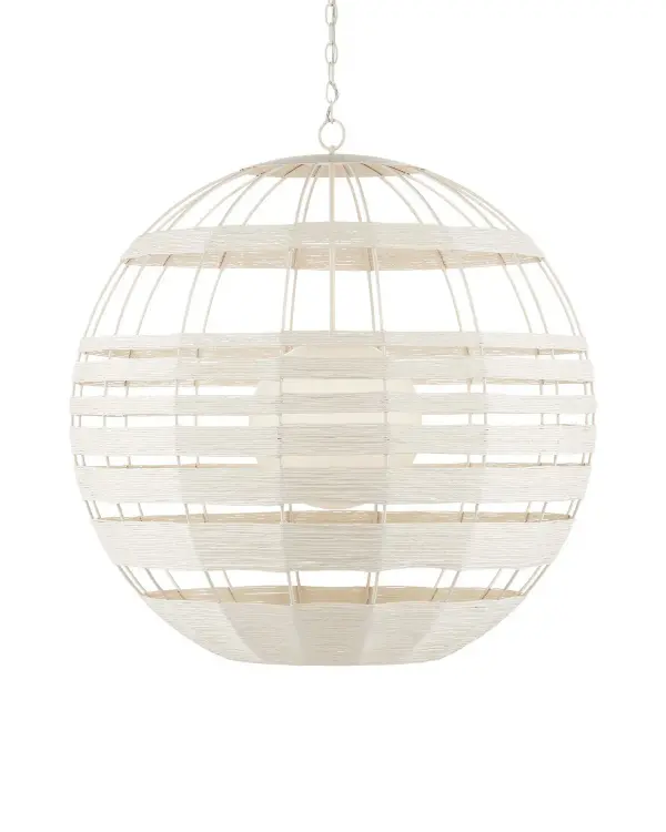 This oversized statement piece combines natural Kraft paper twine with a vanilla-finished metal cage and frosted glass diffuser. The handcrafted texture creates visual warmth while the generous 34" diameter commands attention in large spaces.
