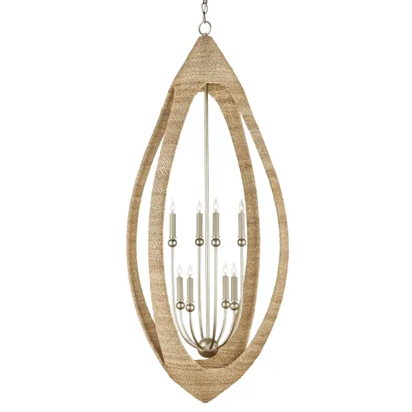 A striking conversation piece that combines artisanal craftsmanship with contemporary elegance. The hand-wrapped abaca rope creates an organic texture that softens the geometric form, while the silver leaf finish adds refined luminosity.