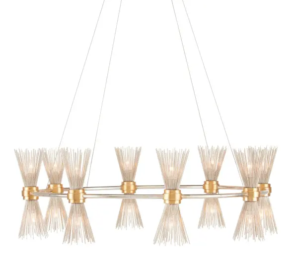 The Novatude makes a bold statement with 16 lights radiating from articulated clasps in a starburst design. The entire fixture is crafted from wrought iron, including the delicate ribbed shades that resemble spritzing stars.