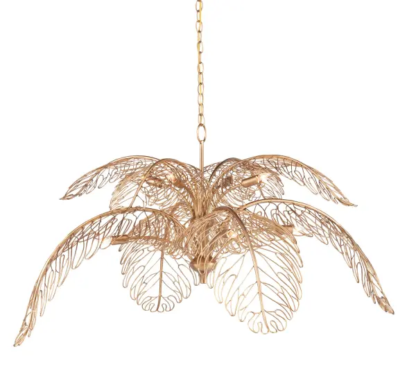 A stunning oversized chandelier featuring hand-formed wrought iron wire shaped into delicate leaf patterns. The warm brass finish adds sophistication while maintaining an airy, sculptural presence perfect for grand spaces.