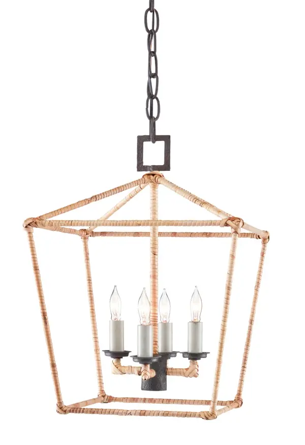 The Denison lantern blends timeless form with organic texture. Hammered wrought iron in mole black is wrapped in natural rattan, creating visual warmth and coastal appeal. Compact 12" width suits smaller spaces beautifully.