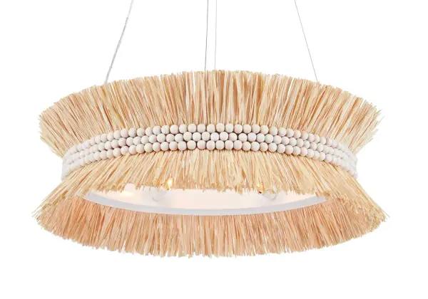 A stunning coastal statement piece featuring hand-cut raffia sprays and pale wood beads that create a warm, filtered glow. The natural materials and sugar white frame bring relaxed beach house elegance to dining and living spaces.
