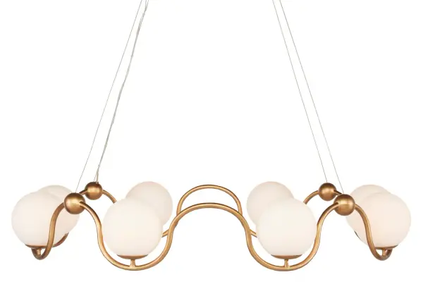 A sophisticated 8-light chandelier featuring an undulant antique brass frame that swirls around opaque white glass globes. The 38.75-inch linear design brings refined Italian opera house aesthetics to modern spaces.