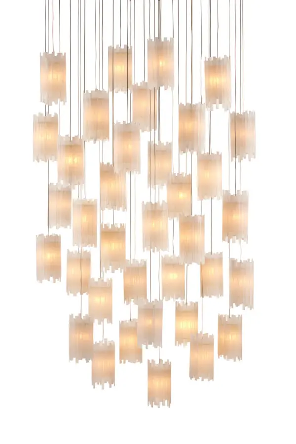 A dramatic multi-drop pendant featuring 36 individual selenite crystal shades that create a spectacular luminous display. The natural ribbed texture of the selenite adds organic interest while the silver canopy provides elegant contrast.