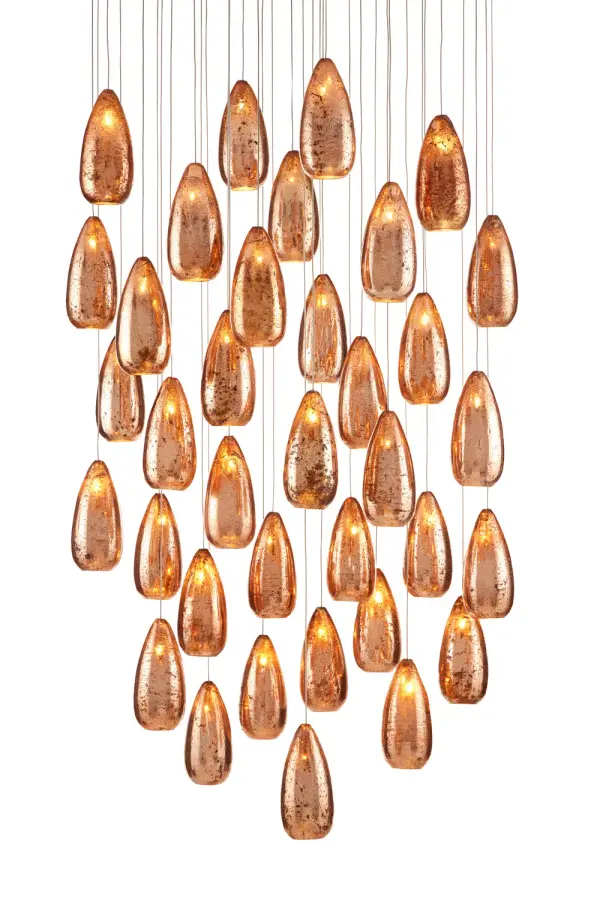 A show-stopping multi-drop pendant featuring 36 teardrop mercury glass shades with copper exterior and silver interior. Creates a dazzling light display whether illuminated or not. Perfect for grand spaces requiring dramatic focal lighting.