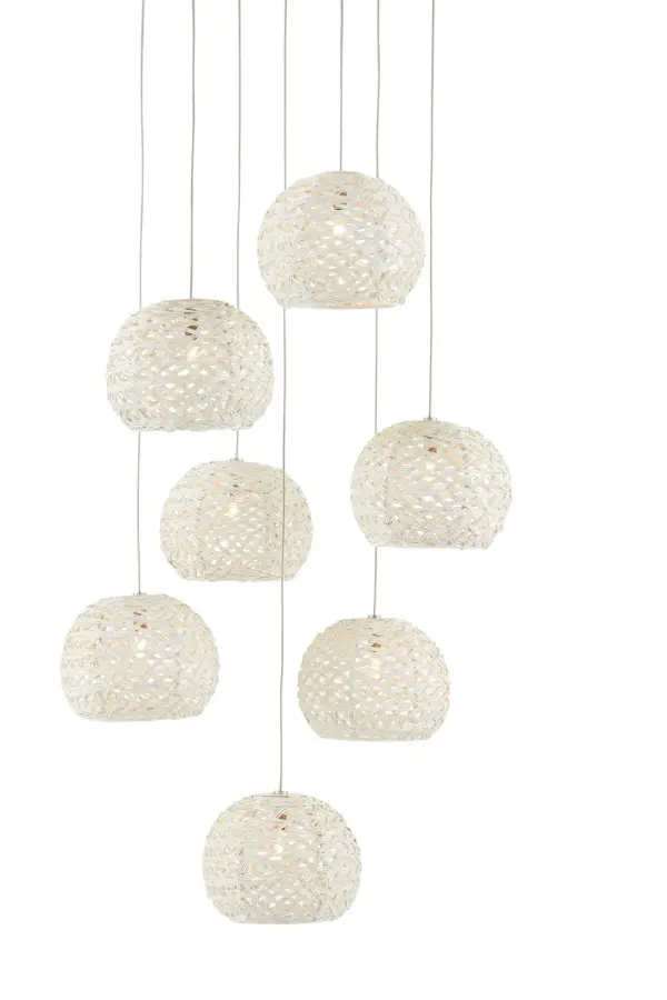The Piero brings textural interest with its hand-crafted iron shades that mimic natural woven materials. Seven low-profile LED bulbs create ambient glow while the white finish keeps the look fresh and airy. Perfect for coastal or organic modern spaces.