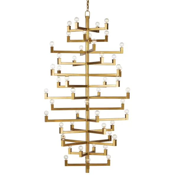 A commanding presence with clean geometric arms and 52 lights, the Andre Grande delivers maximum impact in tall foyers and great rooms. Its bold brass finish and architectural form bridge contemporary and transitional styles effortlessly.
