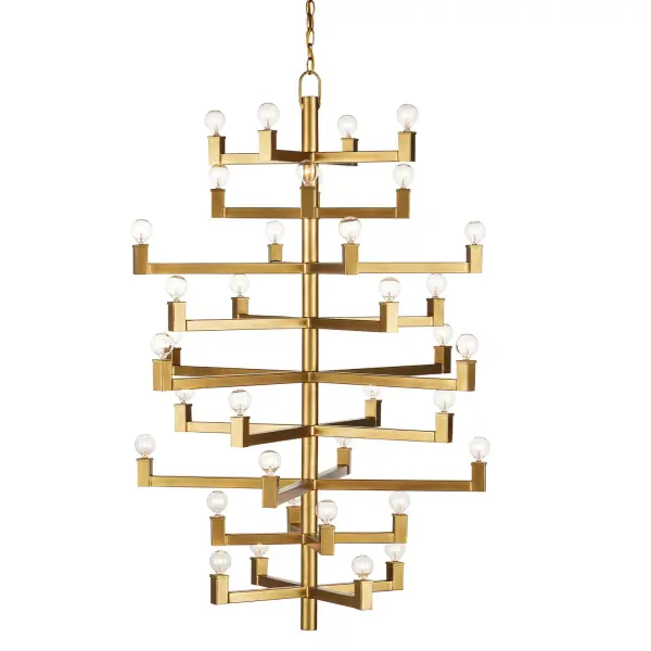 A commanding chandelier with clean geometric arms and 36 lights that delivers dramatic impact in tall foyers and great rooms. The brass finish and articulated design bridges contemporary and transitional aesthetics effortlessly.