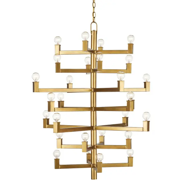 Clean articulated arms with resolute geometries make the big, bold Andre Medium Chandelier a powerful statement that can easily swing from contemporary to transitional styles, and many in between. Made of wrought iron in a brass finish, the gold chandelier will take on other personalities when the shapes of the bulbs are changed. Tall foyers and great rooms with high ceilings are perfect spots for this luminous modern light fixture with 28 lights. Adjustable from 47" to 115.50" with use of included chain/rod kit/cable. If your space calls for a longer drop, additional chain/rods/cable is available for purchase. Collection: Andre Finish: Brass Width: 32.50" Height: 41.00" Length: 32.50" Weight: 24.00 lb Chain: 6' Brass Wire: 13'Gold Canopy: 1.5"x6"x6" Number of Bulbs: 28 Maximum Wattage: 25.00 W Bulb Type: G Globe Bulb Base: E12 Dimmable Voltage: 120.00 V Material: Wrought Iron Country of Origin: Philippines Safety Listing: UL/cUL Safety Rating: Dry Manufacturer Warranty: Warrants products for 1 yr against defects in materials & workmanship