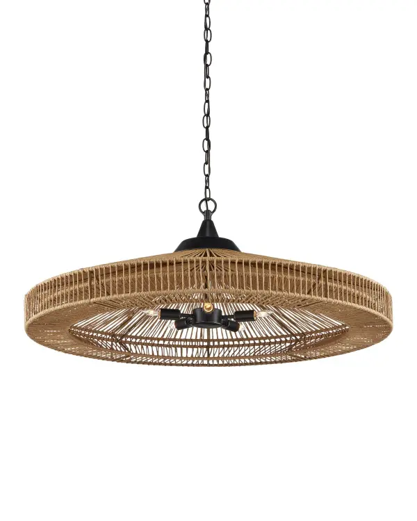 The Maldives chandelier brings warmth and organic texture through its handwoven Kraft paper twine cage. The dual-layer weaving creates beautiful light diffusion while the satin black frame provides modern contrast. A statement piece that works in both coastal and contemporary settings.
