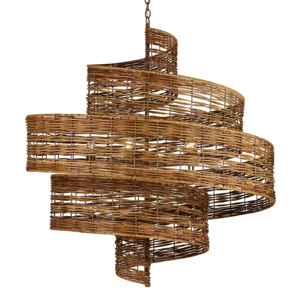 A dramatic 45-inch chandelier featuring hand-woven rattan spiraling around a wrought iron frame. The otherworldly galaxy-inspired design creates an organic focal point that bridges natural materials with contemporary form.