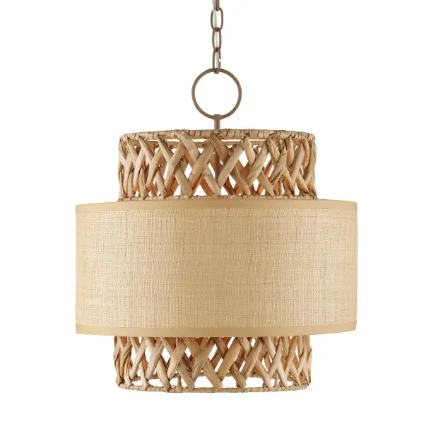 The Isola Pendant masterfully combines organic materials with sophisticated design. Its dual-cylinder construction features rough-luxe water hyacinth weave contrasted with tighter grasscloth fabric, creating visual depth and textural interest that works across coastal, transitional, and modern organic interiors.