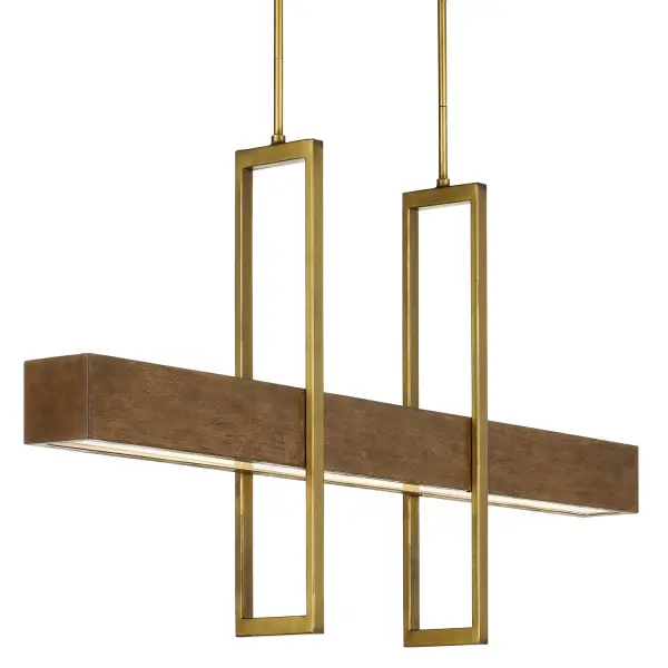 The Tonbridge combines rich chestnut wood with antiqued brass rectangles in a striking geometric design. Its integrated LED provides excellent task lighting over dining tables and islands, while the acrylic diffuser ensures soft, even illumination.