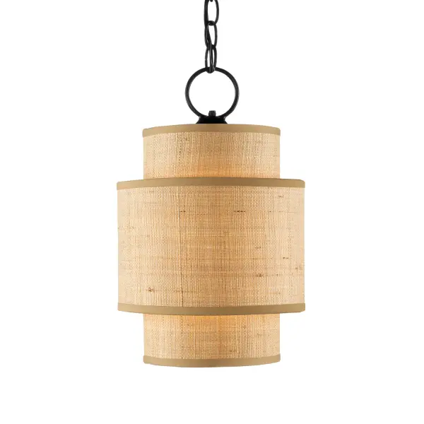 The Mathias pendant elevates the simple drum shade with layered grasscloth cylinders that create visual depth and organic warmth. The satin black hardware provides modern contrast while the natural texture softens contemporary spaces.