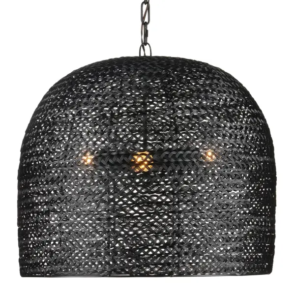 The Piero Medium Black Chandelier may appear to be woven from a natural plant material but it is made of iron in a satin black finish to make it an exemplar of the skills that our craftspeople bring to their work. When the black chandelier is illuminated, textural patterns will enliven surrounding surfaces, when it is not, the flowing weave will continue to be a textural accent in a space. Adjustable from 24.25" to 94" with use of included chain/rod kit/cable. If your space calls for a longer drop, additional chain/rods/cable is available for purchase. Collection: Piero Finish: Satin Black Width: 22.25" Height: 19.25" Weight: 19.00 lb Chain: 6' Satin Black Wire: 13'Black Canopy: 1" Number of Bulbs: 3 Maximum Wattage: 60.00 W Bulb Type: A Bulb Base: E26 Dimmable Voltage: 120.00 V Material: Metal Country of Origin: India Safety Listing: UL/cUL Safety Rating: Dry Manufacturer Warranty: Warrants products for 1 yr against defects in materials & workmanship