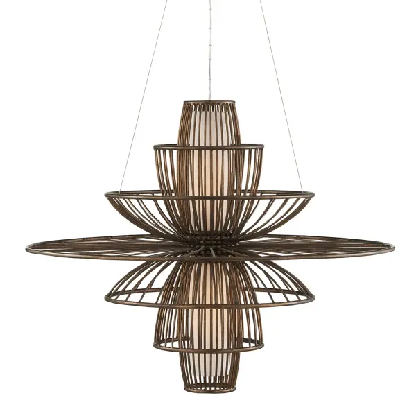The Benjiro Chandelier makes a dramatic architectural statement with its 42-inch sculptural profile inspired by 1960s design. The dark Cupertino finish contrasts beautifully with soft off-white fabric shades, creating warm ambient lighting perfect for large dining and living spaces.