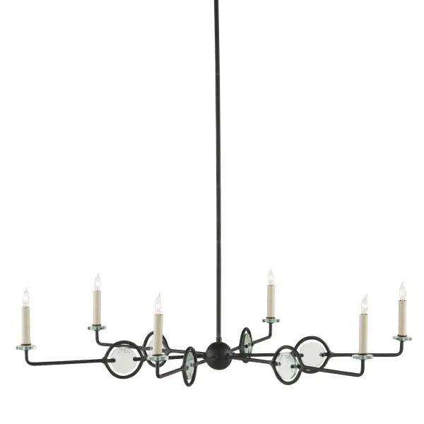 The Privateer combines industrial design with eco-conscious materials. Its blacksmith finish and recycled glass create a sophisticated look that works in both traditional and contemporary spaces. The adjustable height makes it versatile for various ceiling heights.
