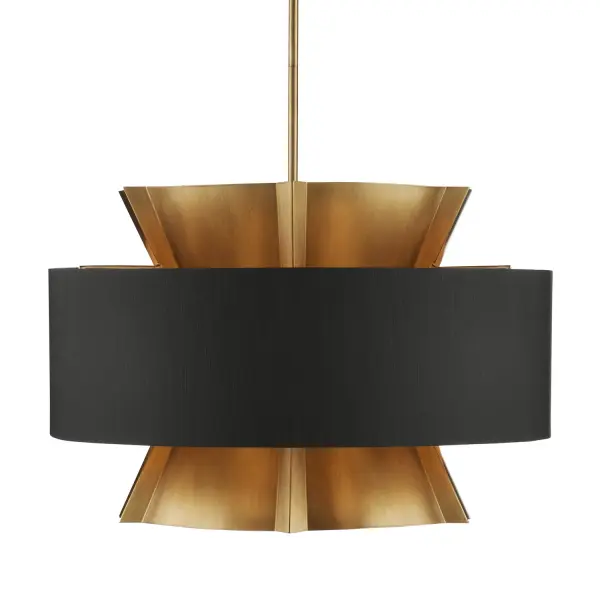 The Oxenwood combines masculine design with sophisticated materials—fluted brass metalwork wrapped in black shantung fabric with silver lining. Its distinctive silhouette and warm-cool contrast make it a statement piece for transitional to contemporary spaces.