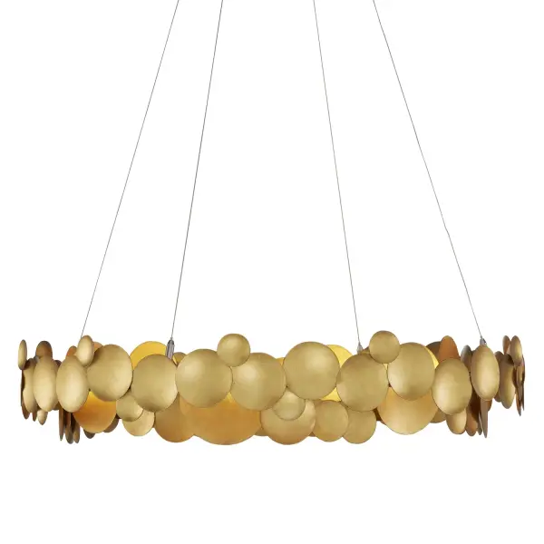 A striking contemporary chandelier featuring layered wrought-iron discs in a warm gold leaf finish. The innovative integrated LED design eliminates bulb replacement while delivering 4000 lumens of dimmable light.
