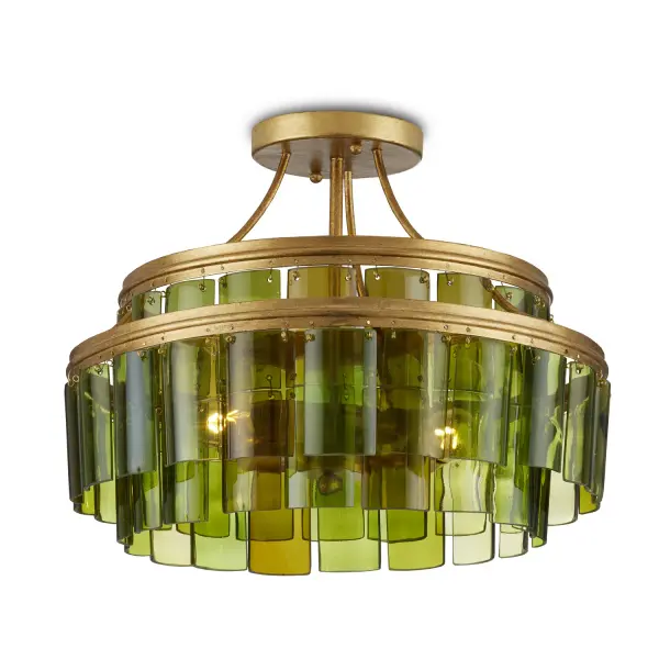 Cascading from the circular frames of our Vintner Green Semi-Flush are individually-cut pieces of green glass made from recycled bottles. The texture created by the varying hues of the glass beautifully complements the dark contemporary gold leaf finish on the wrought iron frame. This green semi-flush is one of several in the Vintner family. Collection: Vintner Finish: Green/Contemporary Gold Leaf Width: 15.50" Height: 14.50" Weight: 8.00 lb Wire: 1'Gold Canopy: 0.75" Number of Bulbs: 3 Maximum Wattage: 40.00 W Bulb Type: B Torpedo Bulb Base: E12 Dimmable Voltage: 120.00 V Material: Recycled Bottle Glass / Wrought Iron Country of Origin: Philippines Safety Listing: UL/cUL Safety Rating: Dry Manufacturer Warranty: Warrants products for 1 yr against defects in materials & workmanship