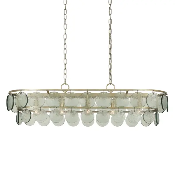 The Settat brings artisanal elegance with its cascading recycled glass discs suspended from stacked oval ribs. The silver leaf finish and reflective glass create a light, airy presence perfect for modern and transitional spaces.