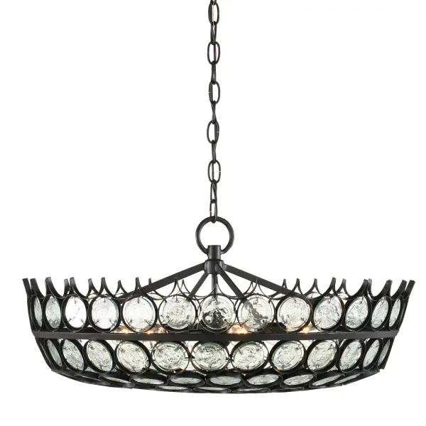 The Augustus chandelier combines recycled glass discs with wrought iron in a refined satin black finish. Part of the Bunny Williams Collection, it features graduated disc sizing and discreet mounting for a clean aesthetic. Versatile sizing works beautifully over dining tables and kitchen islands.