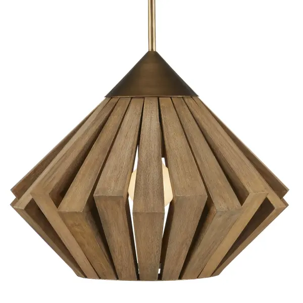 A striking pendant that combines thick wood slats in warm toffee with brass accents for a sophisticated mid-century aesthetic. The angled wood placement creates visual interest while the adjustable height makes it versatile for various ceiling heights.