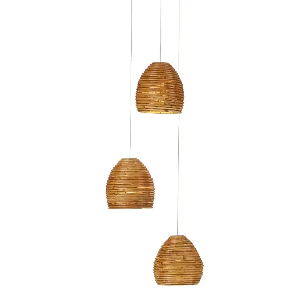 The Beehive 3-Light Multi-Drop Pendant has rattan bell-shaped shades. Because the natural material is not perfectly uniform, there are fissures in the shades that allow illumination to escape to create a warm glow. The canopy of this piece is luminous in a painted silver finish. This fixture is among Currey & Company's multi-drop pendant collection, which includes multiple configurations. Collection: Beehive Finish: Natural/Silver Glass: Natural Width: 11.50" Height: 9.00" Weight: 4.00 lb Wire: 10'Clear Silver Canopy: 2" Bulbs Included Number of Bulbs: 3 Maximum Wattage: 10.00 W Bulb Type: G4 Bulb Base: G4 Dimmable Voltage: 120.00 V Material: Rattan / Wood / Wrought Iron Country of Origin: China Safety Listing: ETL Safety Rating: Dry Manufacturer Warranty: Warrants products for 1 yr against defects in materials & workmanship
