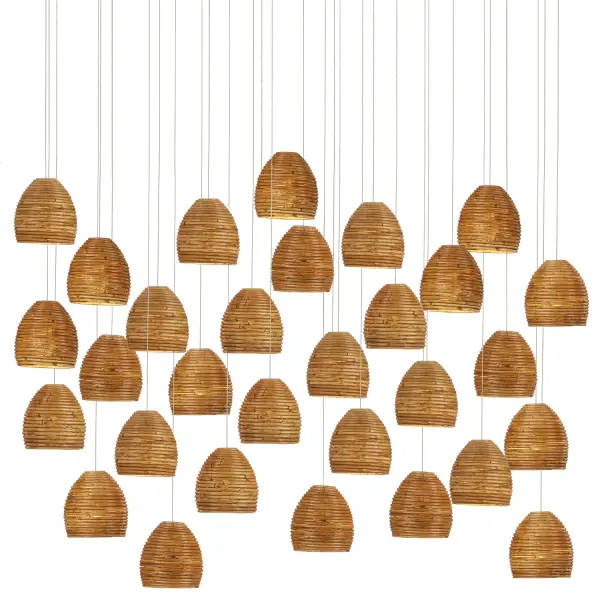 A dramatic linear pendant featuring 30 handcrafted rattan bell shades that create ambient glow through natural fissures. The oversized 54-inch canopy in painted silver provides modern contrast to organic materials.