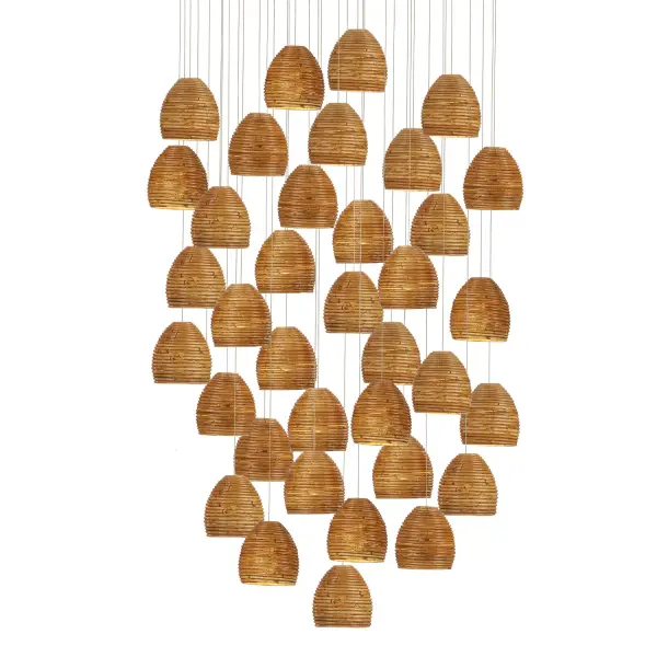 A dramatic multi-drop pendant featuring 36 hand-woven rattan bell shades that create an organic, textured canopy of warm light. The natural material's fissures allow illumination to escape beautifully, while the silver canopy adds refined contrast.