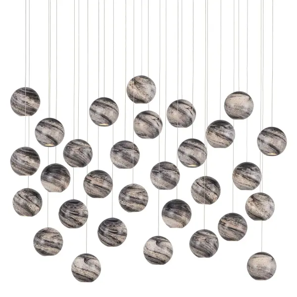 A breathtaking 30-light linear pendant featuring handcrafted glass shades with swirling mica dust that mimics galaxies. The two-layer glass construction creates depth and shimmer even when unlit, making it a sculptural focal point.