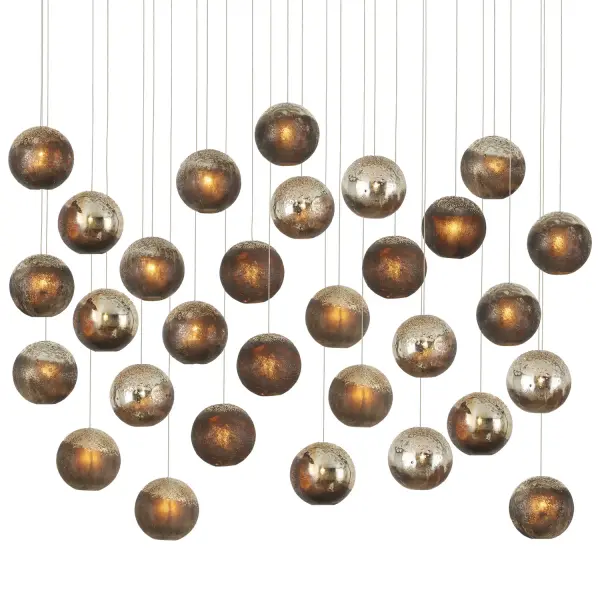 The Pathos 30-Light Pendant is a showstopping fixture featuring 30 hand-crafted glass orbs with reactive glazes in charcoal, antique gold, and silver. Each shade is unique with melted glass beads creating effervescent detail. Perfect for large spaces.