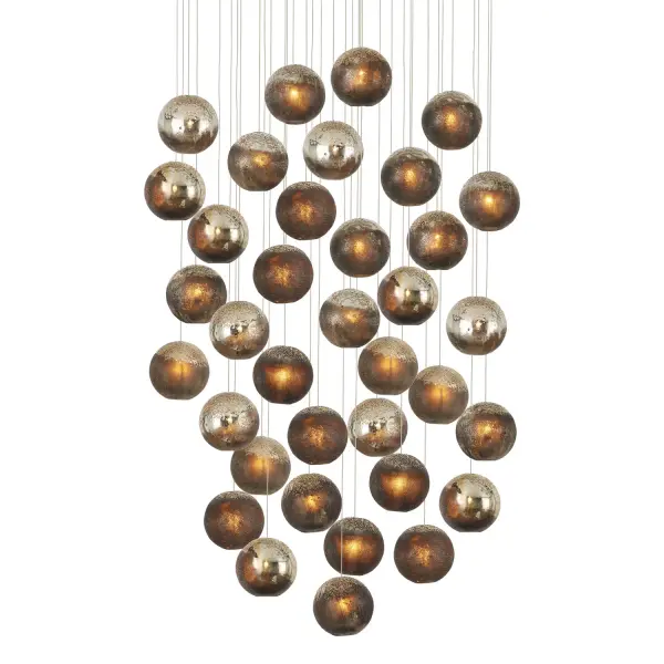 A show-stopping multi-drop pendant featuring 36 hand-crafted glass orbs with reactive glazes in charcoal, antique gold, and silver. Each shade is unique with melted glass beads creating effervescent texture. Perfect for making a dramatic statement in large spaces.