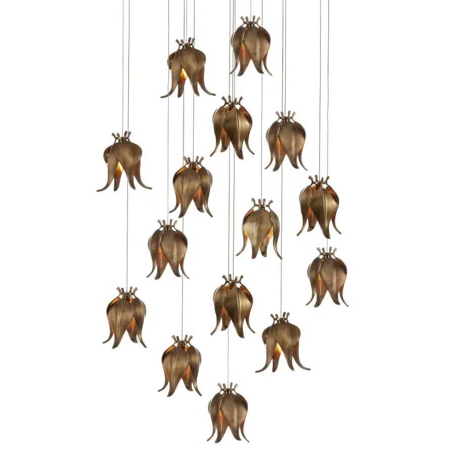 Iota 15-Light Multi-Drop Pendant in Antique Brass and Silver