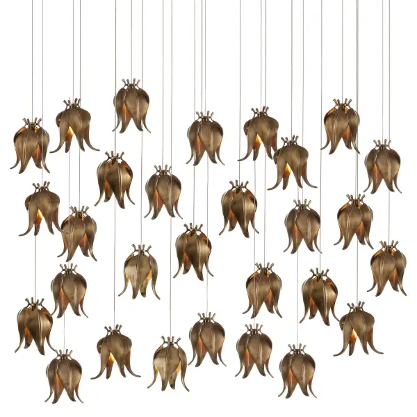 A show-stopping multi-drop pendant featuring 30 delicate brass shades shaped like flower buds. The warm antique brass finish contrasts beautifully with the silver canopy, creating a sculptural focal point perfect for grand spaces.