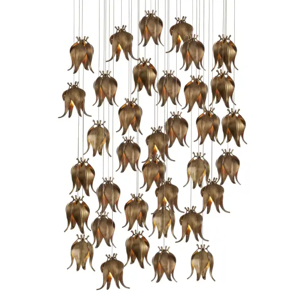 A dramatic multi-drop pendant featuring 36 delicate brass shades shaped like flower buds. The warm antique brass finish paired with a silver canopy creates sophisticated contrast. Perfect for grand spaces requiring impactful lighting.
