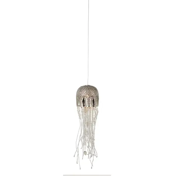 A sculptural mini pendant that brings oceanic elegance to intimate spaces. Hand-punched nickel cap with cascading sandblasted glass beads creates a jellyfish silhouette. Artisanal craftsmanship shines in every detail.