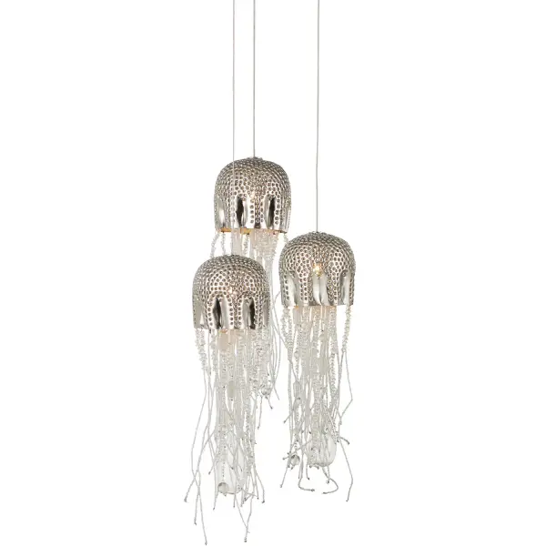 The Medusa pendant brings oceanic elegance indoors with its distinctive jellyfish-inspired design. Hand-punched caps and hand-threaded sandblasted beads showcase exceptional artisan craftsmanship. Compact at 9.5 inches wide, it works beautifully as a single statement piece or in multiples.