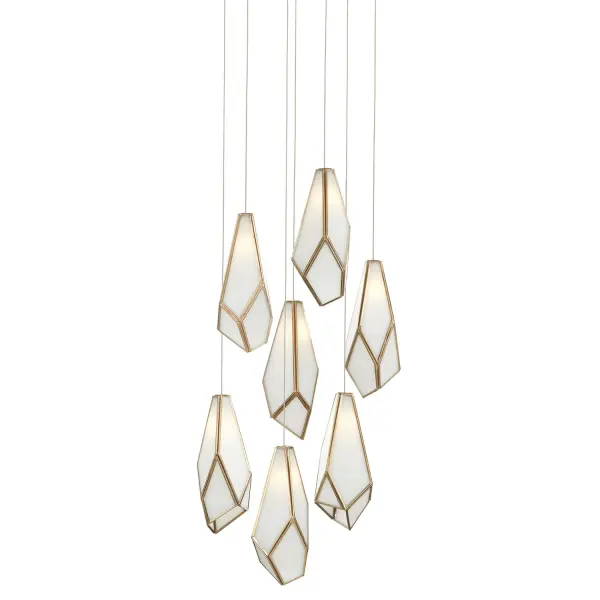 Glace Seven Light Pendant in White/Antique Brass/Silver