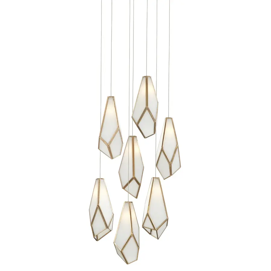 Glace Seven Light Pendant in White/Antique Brass/Silver