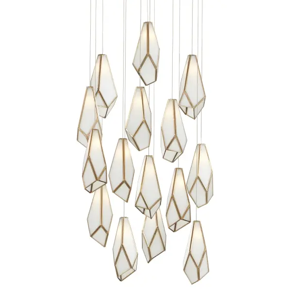 Glace 15-Light Multi-Drop Pendant in White/Antique Brass/Silver