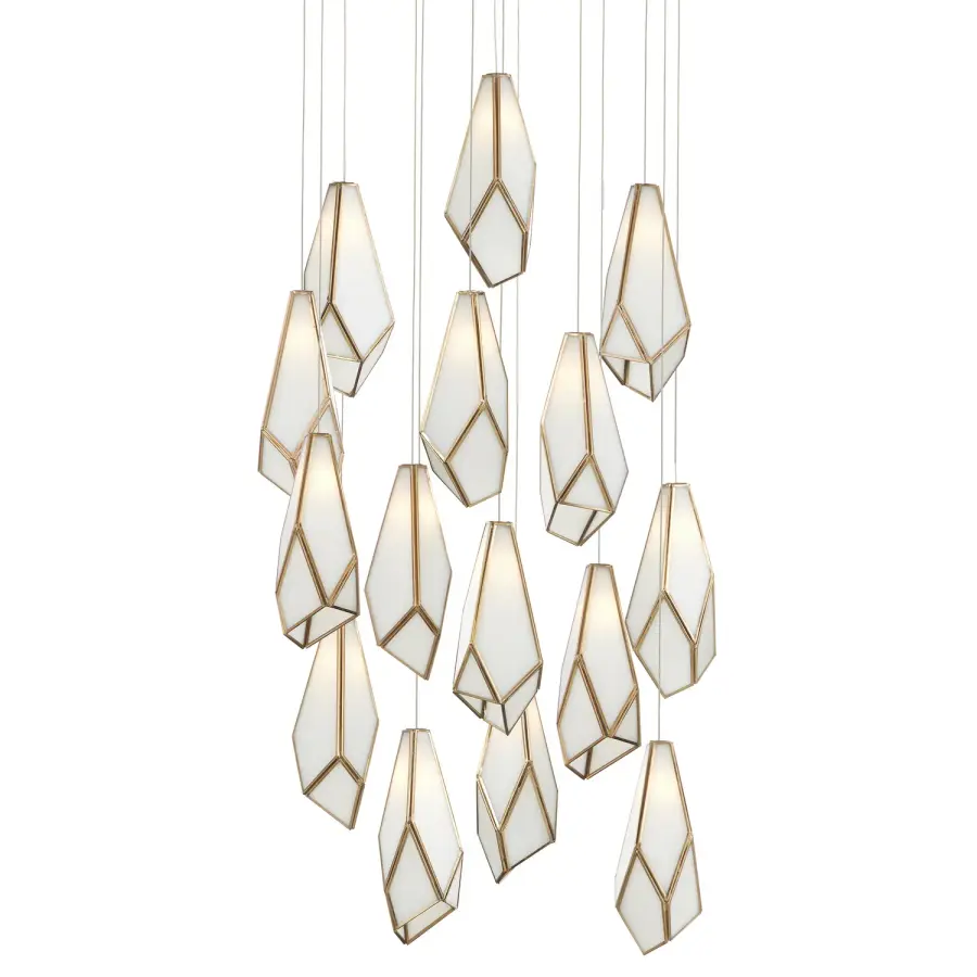Glace 15-Light Multi-Drop Pendant in White/Antique Brass/Silver