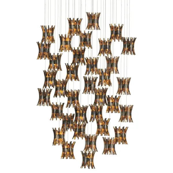 A show-stopping multi-drop pendant featuring 36 faux tortoiseshell shades inspired by vintage Hollywood accessories. The staggered ribbed design creates exceptional texture and visual interest, while the silver canopy adds refined contrast.