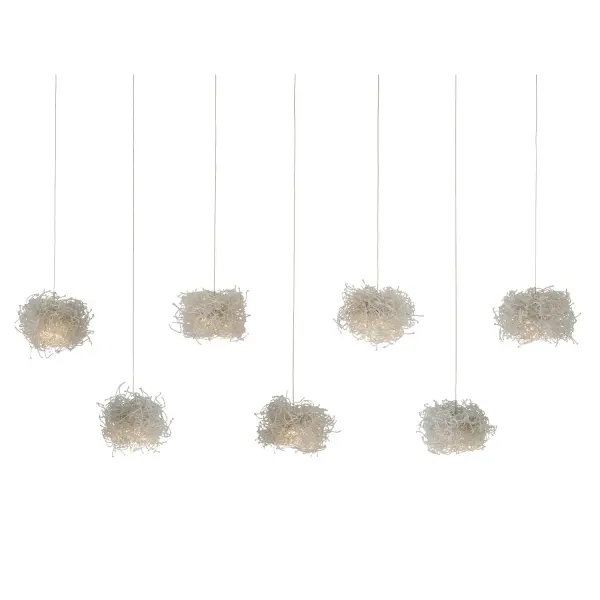 This striking 7-light pendant features handcrafted clear glass bead shades that resemble luminous nests. The 60-inch linear design makes a dramatic statement over dining tables and kitchen islands, combining artisanal detail with contemporary elegance.