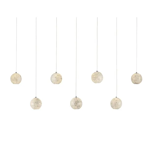 The Finhorn brings organic elegance to large spaces with seven hand-applied mother of pearl orb shades suspended from a sleek silver canopy. Its 59-inch linear design makes a dramatic statement over dining tables and islands.