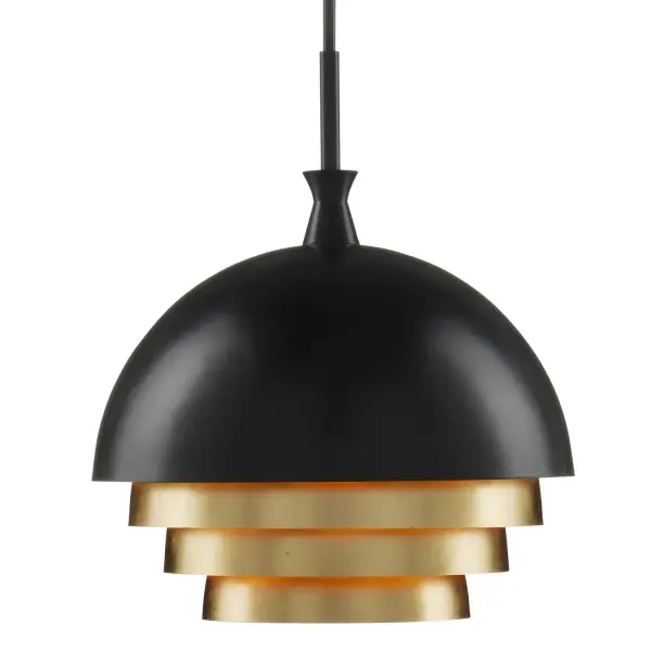 A striking contemporary pendant featuring telescoping steel rings in contrasting black and gold leaf finishes. The cascading dome design creates enhanced illumination as light reflects off multiple gold surfaces, delivering both ambient and decorative lighting.
