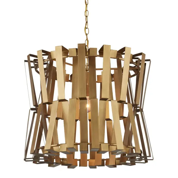 The Chaconne Chandelier showcases exceptional craftsmanship with its complex folded metal strap design. Each of the interconnecting brass straps is bent seven times, creating a dimensional spherical form that serves as both functional lighting and sculptural art.